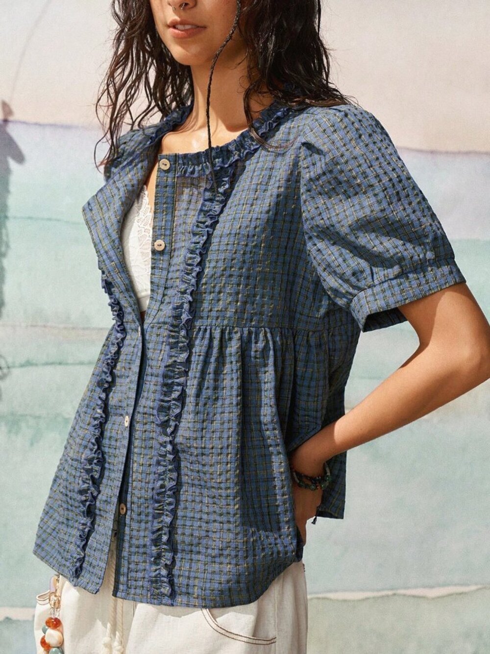 Blue Cute Women's Frill Trim Petal Sleeve Plaid Casual button down Shirt - Picture 6 of 6